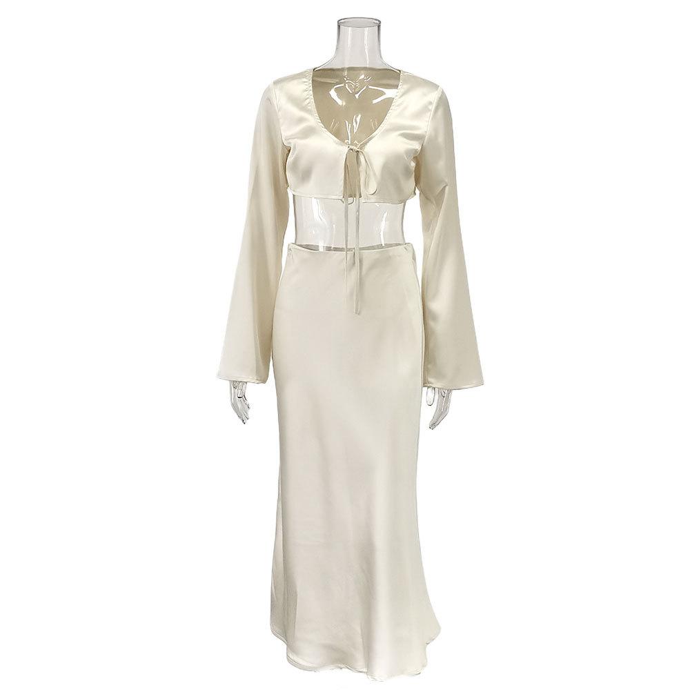 

Весенний новый блестящий сексуальный комплект с коротким топом с длинными рукавами на шнуровке и юбкой для женщин L белый