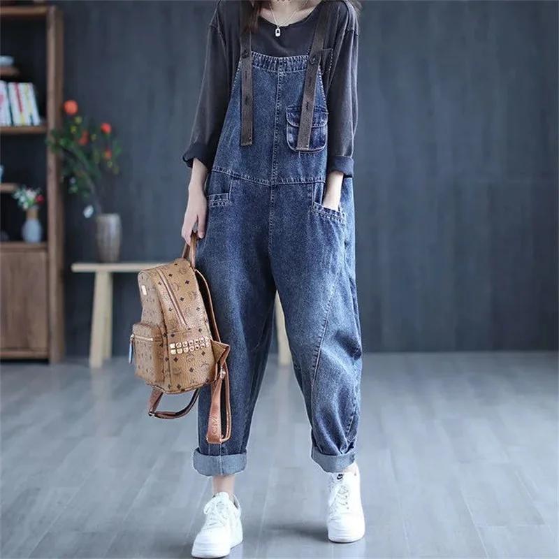 Women Jeans Rompers Retro Big Pocket Loose Denim Overalls Fashion Large Size Wide-leg Pants