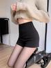 Women's Black Elastic High-Waisted Fleece-Lined Shorts - Slimming, Wide-Leg, Thick, Small Size, Autumn/Winter 2024 Collection