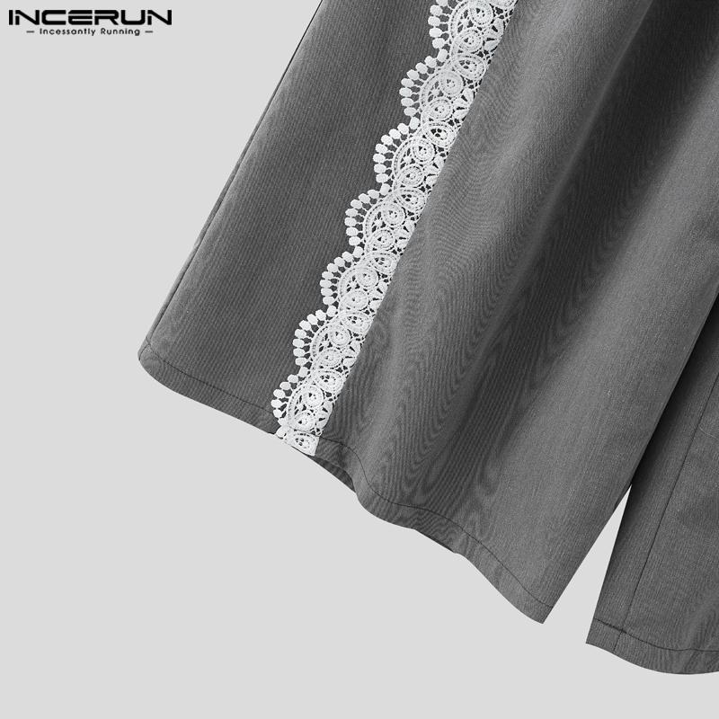 INCERUN Men Casual Zipper Waist Lace Hem Long Wide Legs Pants Trousers