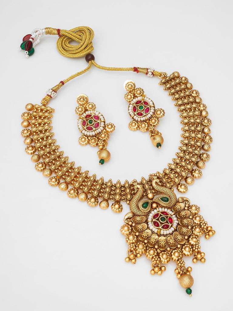 Gold-Plated White Stone-Studded & Beaded Temple Jewellery Set