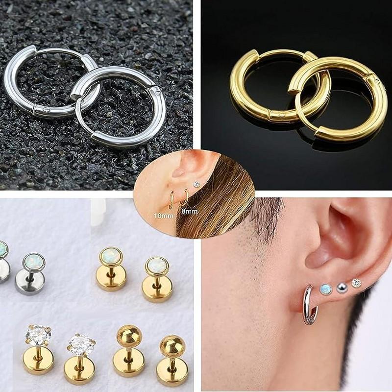 6 Pairs Earrings Sets for Multiple Piercing Small Huggie Hoop Earrings Flat Back Tiny Ball CZ Opal Pearl Stud Earrings for Women