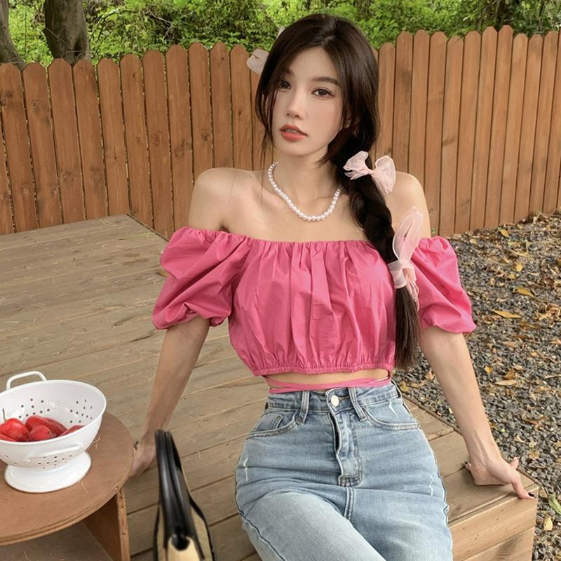 Women's Shirts Summer Solid One-Shoulder Crop Top Slim Tie Short