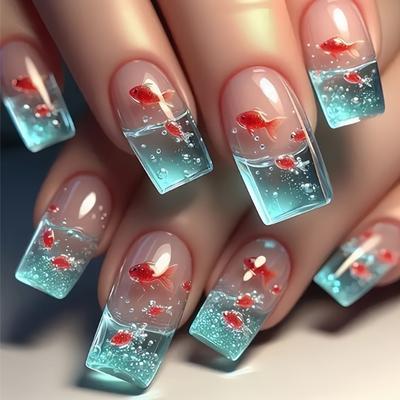 Aufdrücknagel Lang Quadratisch Falschnagel mit Fischdesigns Falschnagel Süß Glänzend Aufkleben Künstlicher Nagel für Damen Mädchen