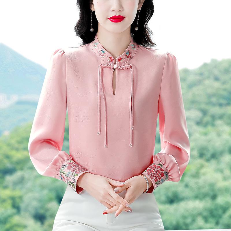 

Yuan 2325 Women s Long Sleeve Chinese-Style Jacquard Satin Blouse with Heavy Embroidery and Retro Buttons XL чёрный