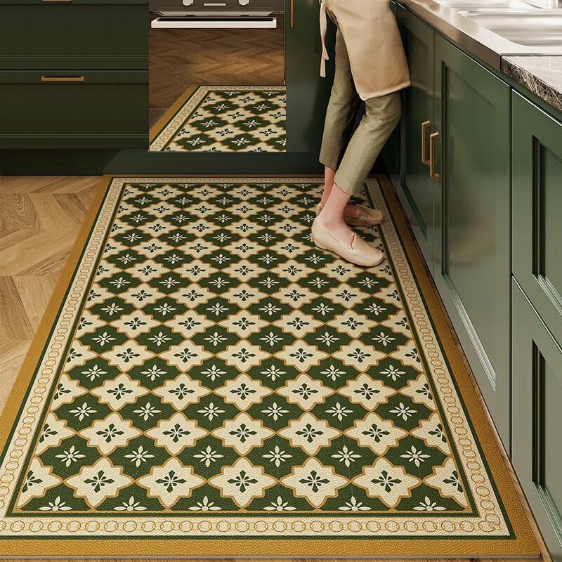 Kitchen Carpet Pvc Waterproof Non-slip Floor Mat Retro American Style Home Decoration Rug Plaid Plant Flower Anti-oil Carpets