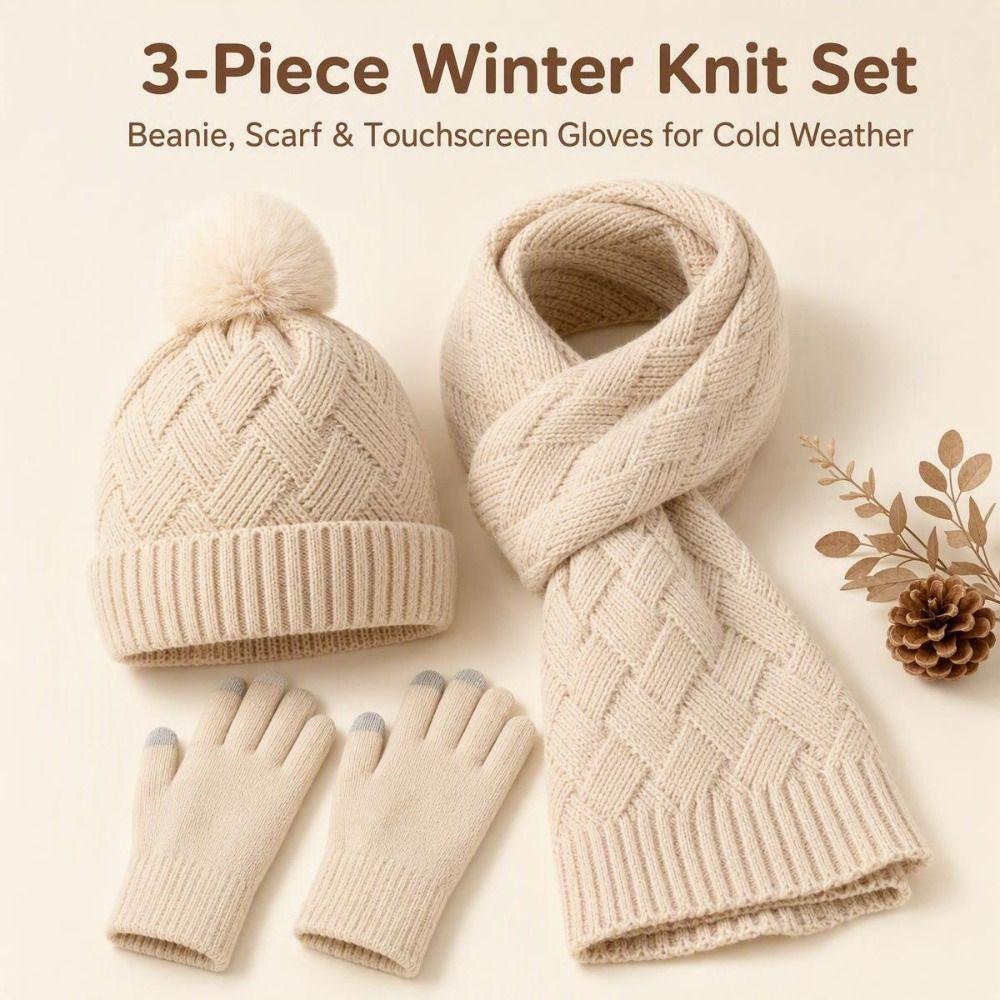 3Pcs/Set Warm Winter Hat Scarf Gloves Set Knitted Scarf Neck Warmer Suit Touchscreen Gloves Unisex