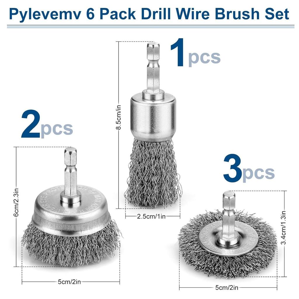 6Pcs Professional Carbon Steel Wire Wheel Brush Bits Hexagonal Handle Wire Brush for Drills Cleaning Rust Peeling Grinding