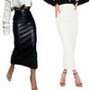 Dámská podzimní sexy sukně, pro dospělé, slim-fit, jednobarevná kožená sukně s rozparkem (Černá bílá)