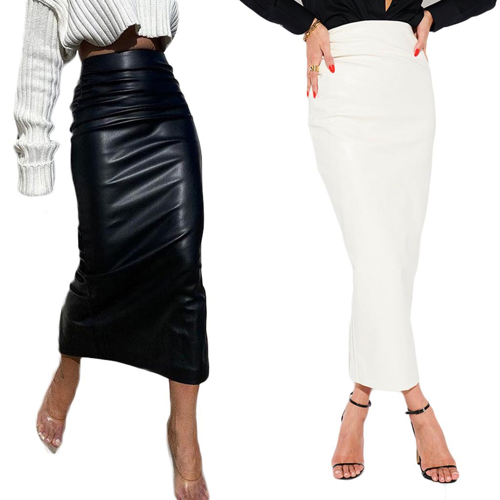 Dámská podzimní sexy sukně, pro dospělé, slim-fit, jednobarevná kožená sukně s rozparkem (Černá bílá)