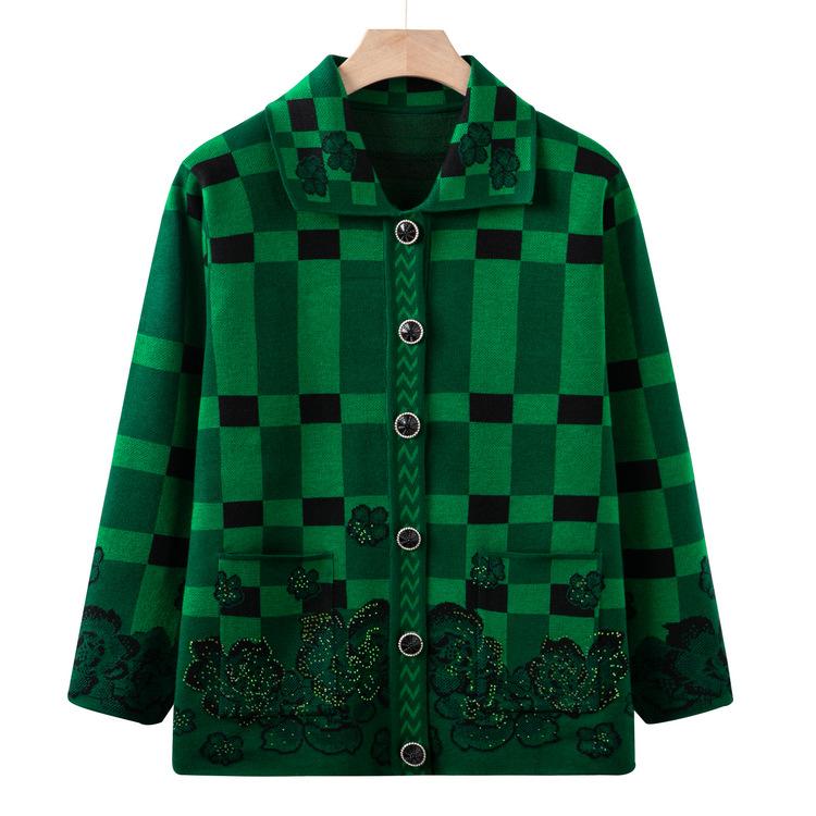 Grandma's Winter Sweater Cardigan Lapel Spring and Autumn Mother's New Knitted Sweater Middle-aged and Elderly Tops Old People's Clothes