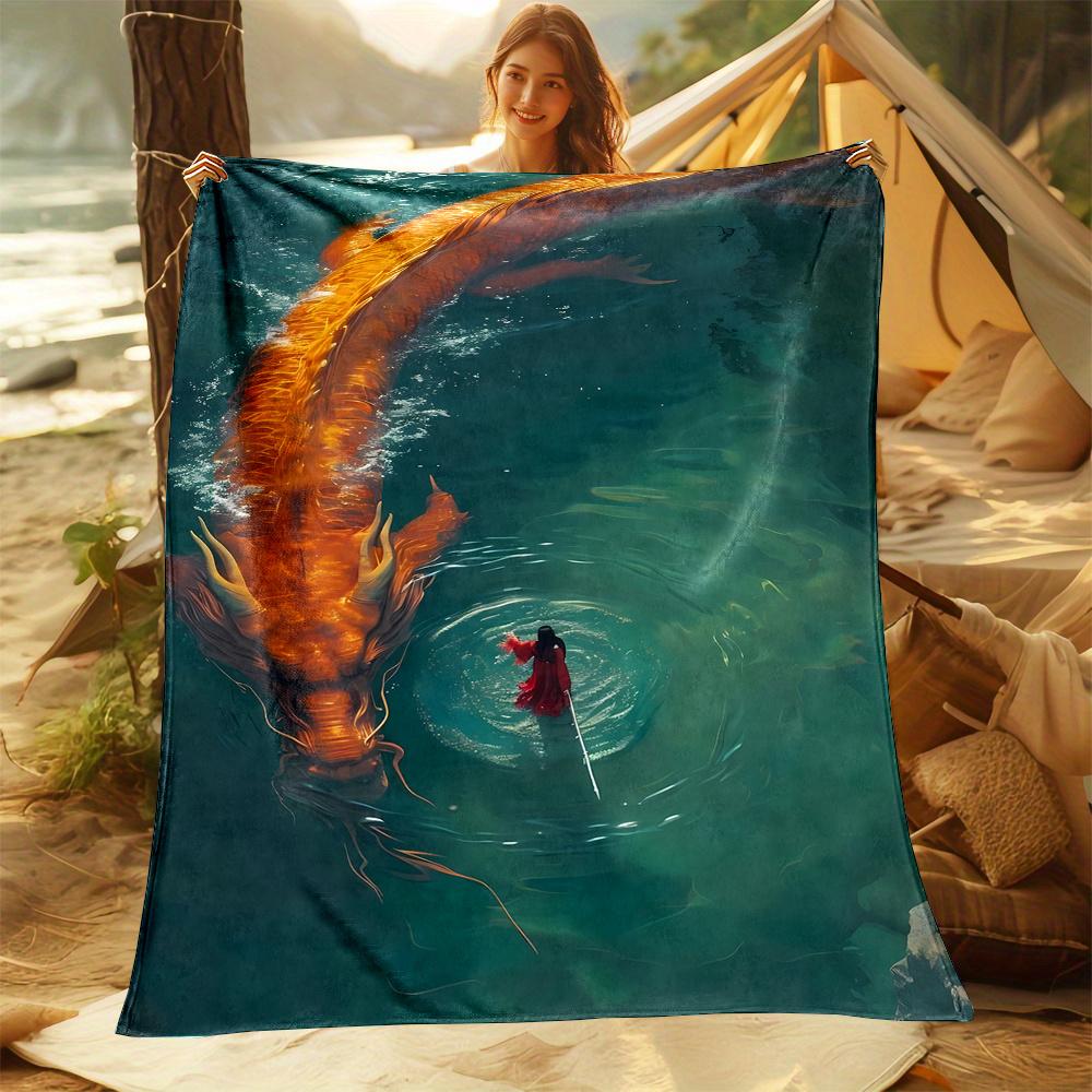 Dragon and River Pattern Flannel printed blanket suitable for all seasons suitable for living room office sofa and travel