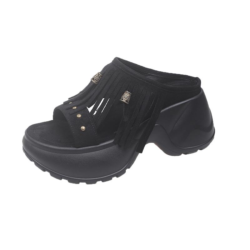 Fashion Block Heel Flip Flops Autumn New Round Toe Open Toe Suede Studded Platform Anti-Slip Wear-Resistant Slippers