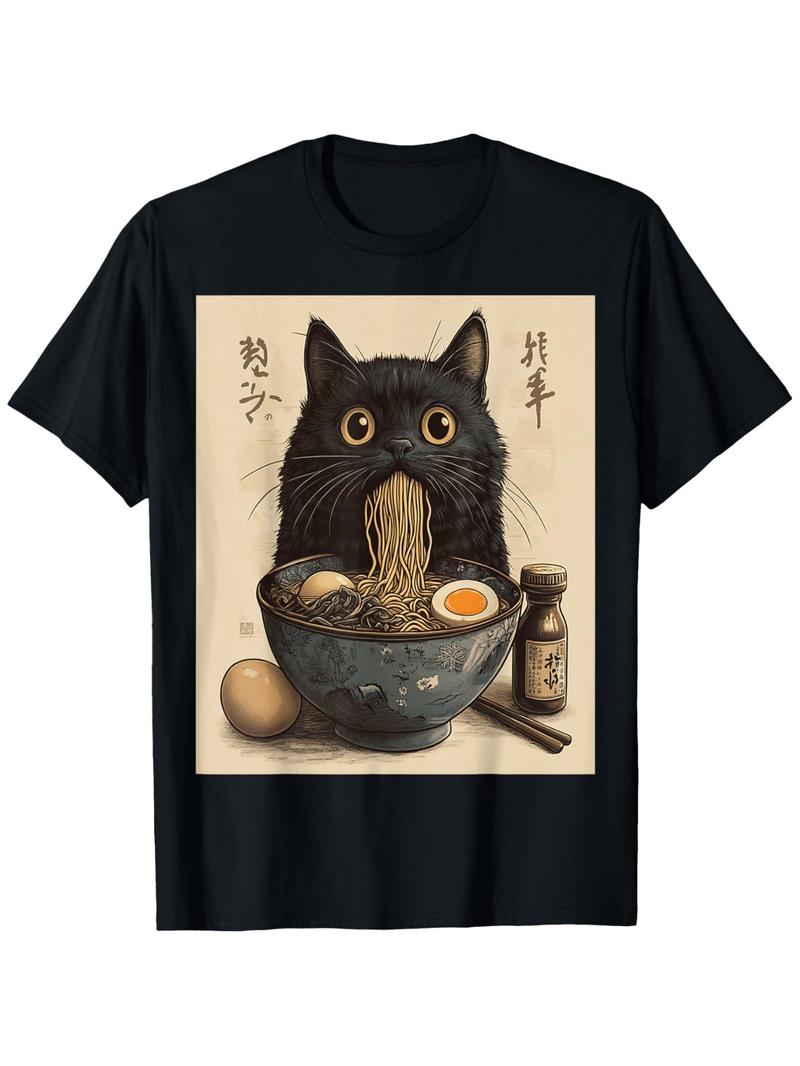 Vintage Graphic 100 Cotton TShirt Cat Eating RaUnisex Noodles Japanese Style Autumn l