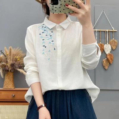 Camisa Casual de Manga Larga de Gasa Doble Bordada para Mujer con Cuello Solapa Primavera 2026
