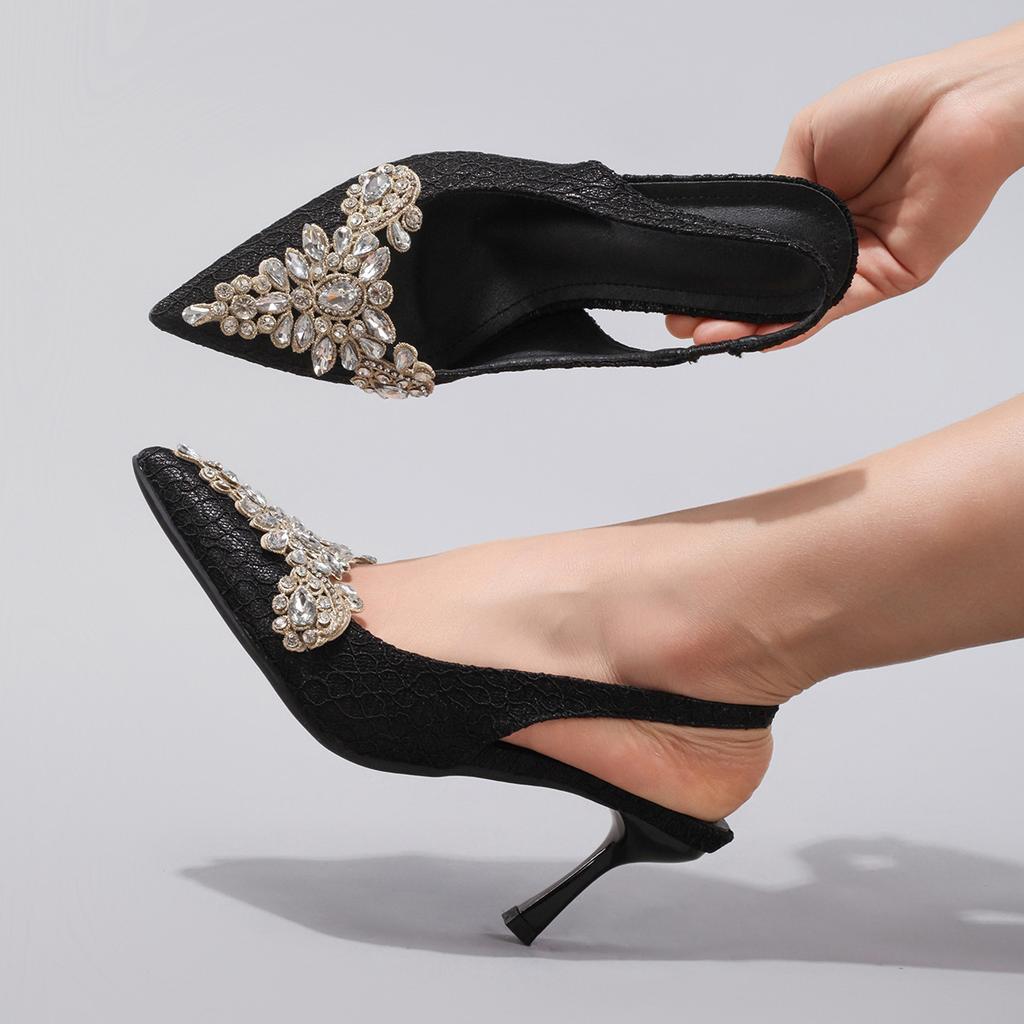 Rhinestone Ladies Sexy Pointed Pearl High Heels Fabric Embroidery Glitter Gorgeous Wedding Sandals European and American Style