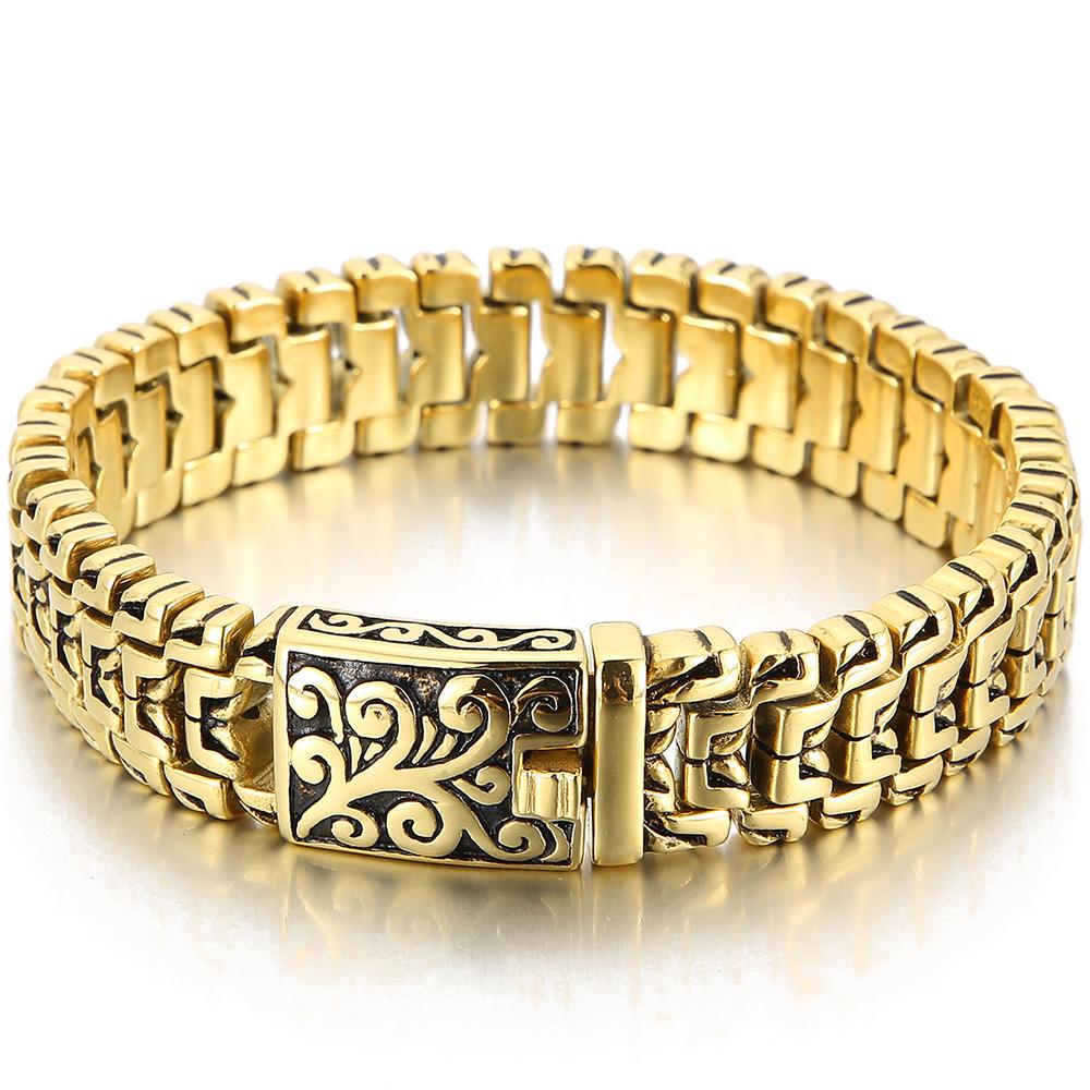 

Men s Hip-Hop Bracelet Vintage Black Gold Color 16MM 316L Stainless Steel Punk Chain Gothic Streetwear Jewelry for Boys 19-24CM 19CM золотий