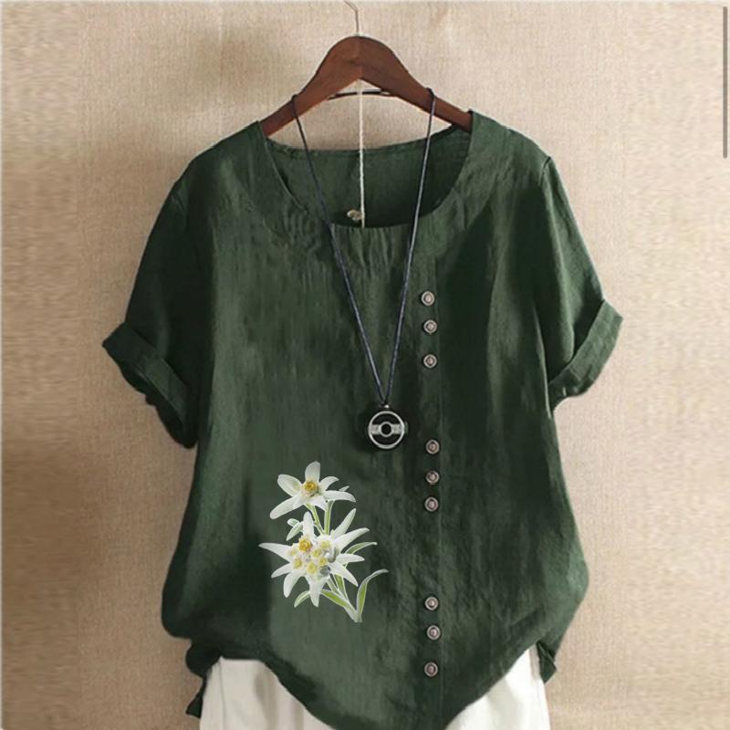 Women's Fashion Lily Prined Round Neck Short Sleeve T-shirt Casual Cotton Linen Graphic Shirt Leisure Loose Summer Blouse Tops