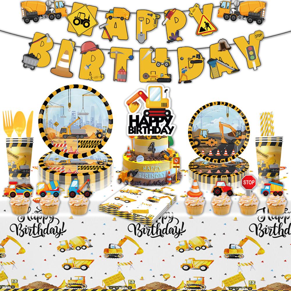 Construction Birthday Themed Party Decoration Supplies Tablecloth Cutlery Banner