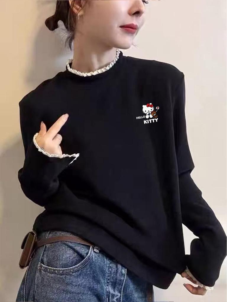Kitten Print Lace Collar Fleece-Lined Women's T-Shirt: Thick, De Rong Fabric, Half-High Neck, Long Sleeves, Perfect for Autumn and Winter.
