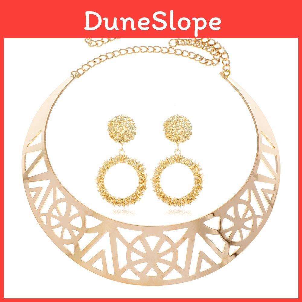 Fashion Solid Color Hollow Design Women Metal Necklace Collar Round Earring Set For Men And Women