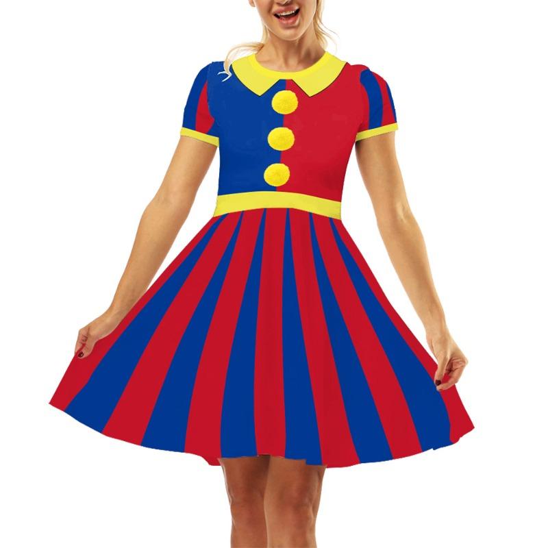 Halloween Carnival Circus Show Skirt Digital Print Women's Crew Neck Dress Clown Dress