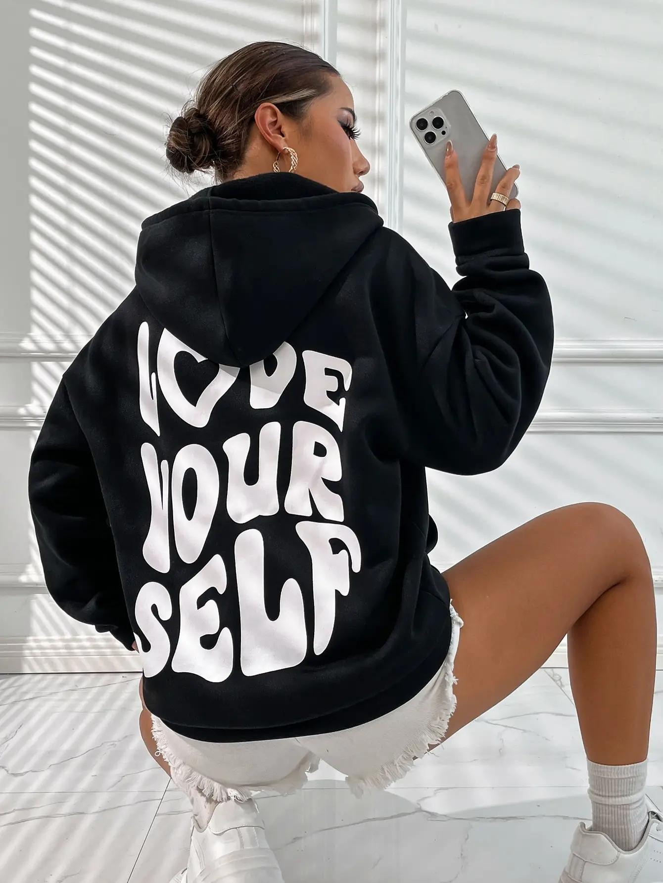 

Хлопковые толстовки с принтом Love Yourself, повседневные пуловеры большого размера, трендовый удобный спортивный костюм, повседневная женская толстовка в стиле Харадзюку S чёрный
