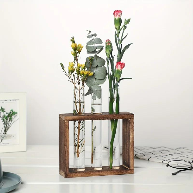 Hydroponic green plant test tube vase water-grown flower arrangement plant container simple wooden frame decoration creative gla