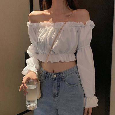 Blusa, Blusa Bardot, Blusa de Manga Larga de Color Sólido con Manga Abullonada y Volantes tipo Corsé