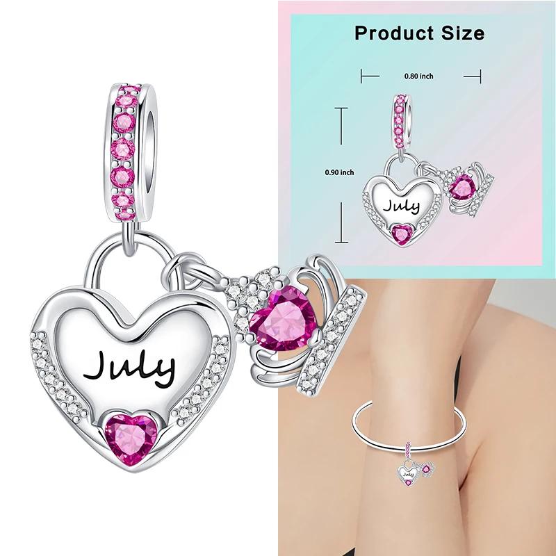 Copper 12 Months Birthstone Heart-Shaped Beads Charms Fit Original Bracelet Charm Beads Necklace Diy Female Jewelry