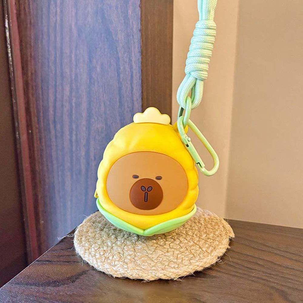 Cartoon Hanging Rope Storage Bag Creative Round Silicone Coin Purse Keychain Earphone Bag  Car Key