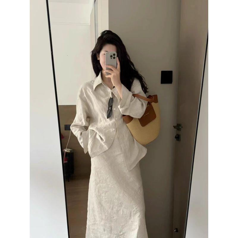 Kumikumi Fancy Suit Women's Minimalist Easiest for Match Loose Lapels Shirt Autumn High Waist Skirt Two-piece Set
