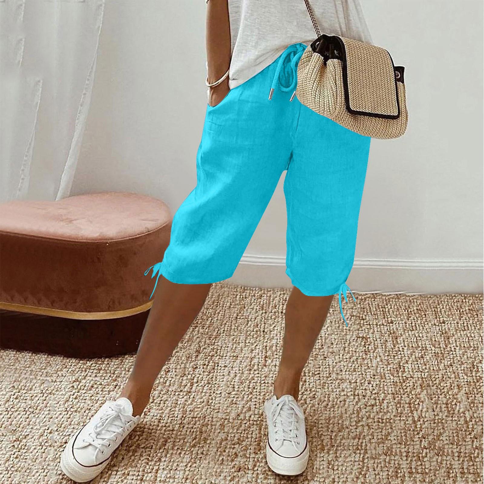 

Женские повседневные брюки с эластичным шнурком и карманами, повседневные брюки с пятью брюками на шнуровке L циан