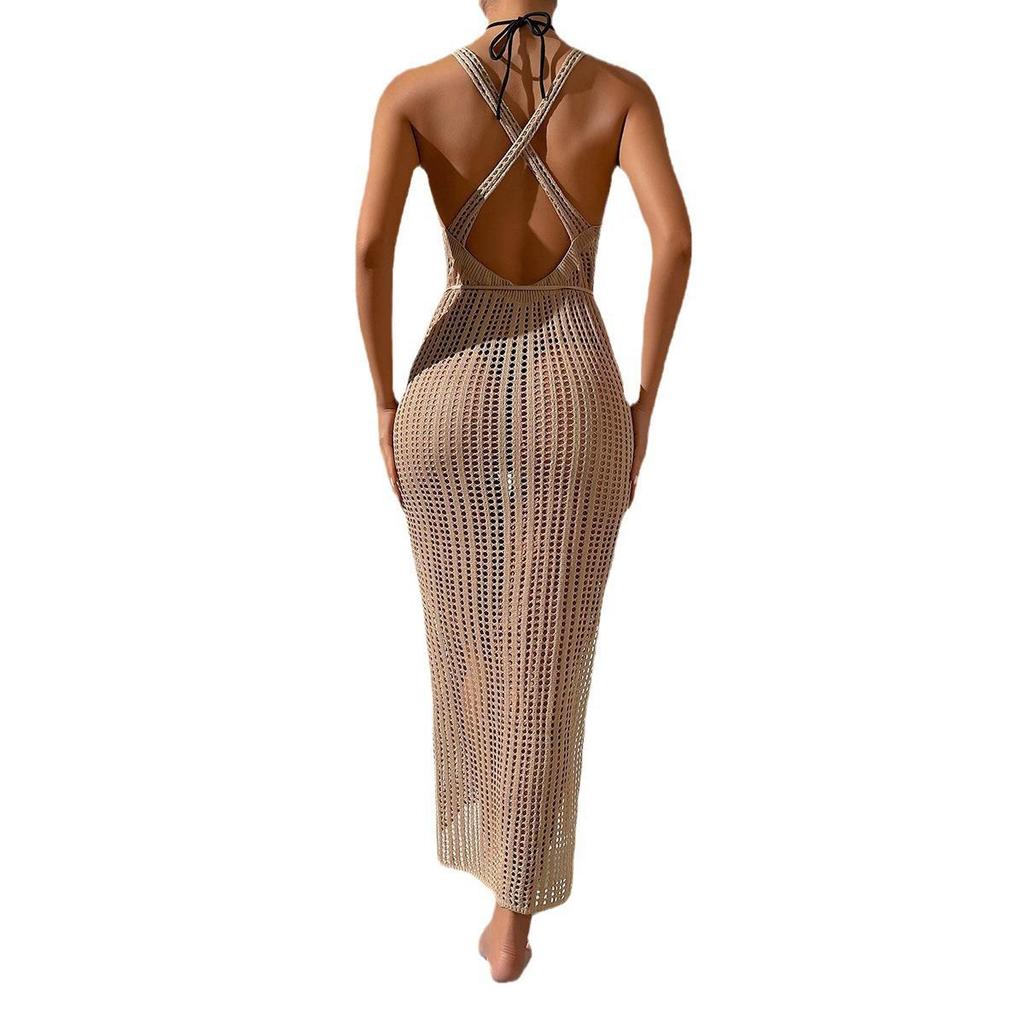 European Style Holiday Beach Knit Cover-up Dress - Backless and Hollow Out Design for Women, 2026