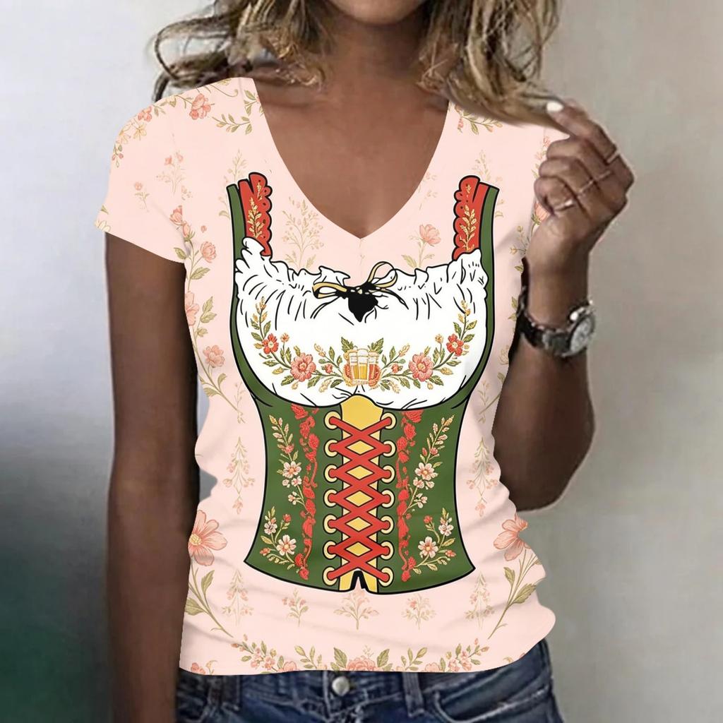 Women's Casual V Neck Short Sleeve T Shirt Oktoberfest Print Top Lightweight Soft Fabric Relaxed Fit Tee for Everyday Wear