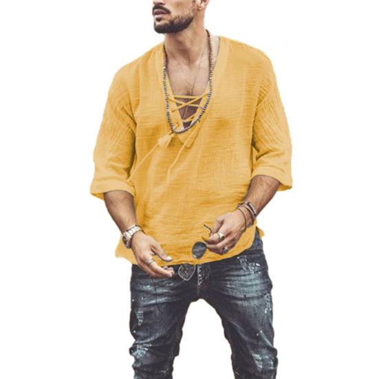 Camicia Casual da Uomo in Cotone e Lino a Manica Corta con Scollo a V e Laccio T-shirt Bohemian Vintage Top Estivo da Spiaggia