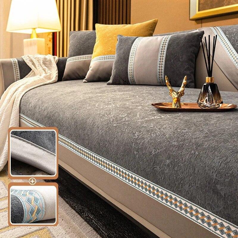 Modern Splicing Sofa Cover Solid Color Luxury Chenille Non-slip Sofa Cushion Four Seasons Universal Cover Anti Cat Scratch Mats