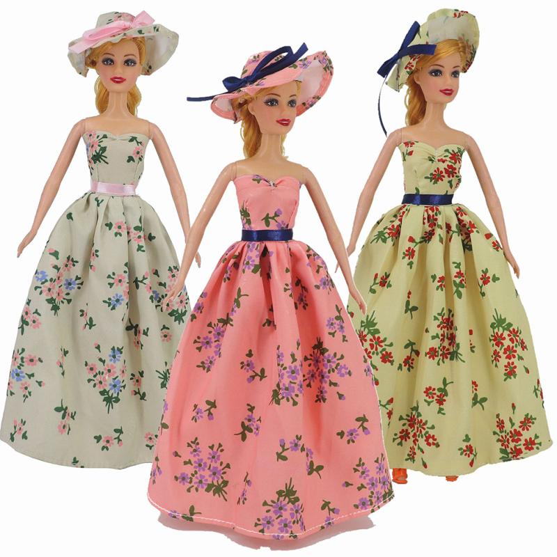 New! Doll Clothes Floral Printing Dress For 29-30cm Doll With Hat Fashion Princess Dress Up Toys For