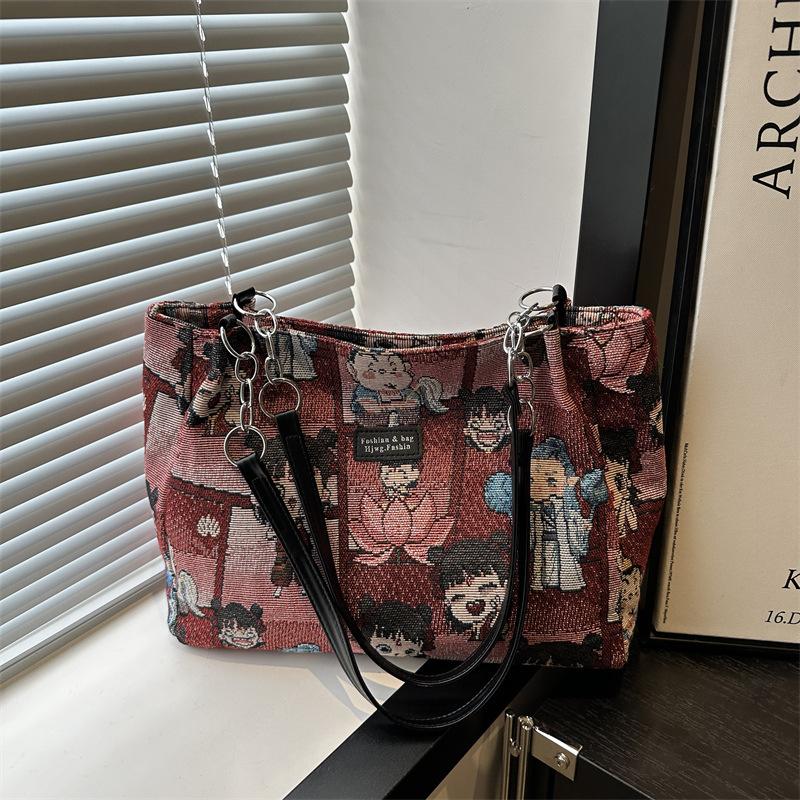 

Летняя летняя холщовая сумка большой вместимости женская 2025 новая синяя с принтом Нечжа студенческая сумка кроссбоди красный