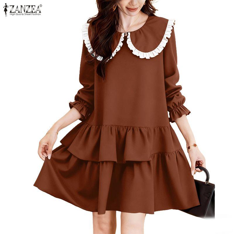 ZANZEA Women Casual Doll Collar Loose Long Sleeve Elegant Dress
