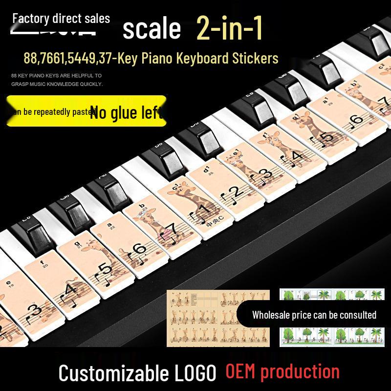 

Piano Keyboard Stickers: 88, 61, 54-Key - Cartoon Staff & Simplified Note Key Positions New Giraffe Design