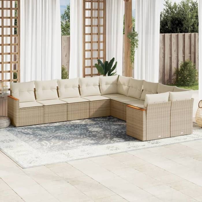 VidaXL Salon de Jardin avec Coussins 10 pcs, Canapés de Terrasse, Ensemble de Meubles de Patio, Mobilier d'Extérieur, Beige 3226352