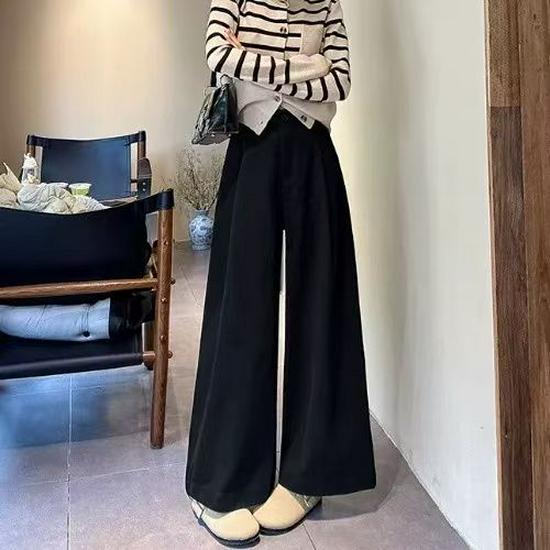 

Women s High-Waisted Apricot Cotton Wide-Leg Pants - Slimming, Loose Fit, Petite Casual Trousers (Autumn/Winter 2026) S for 80-90 чёрный