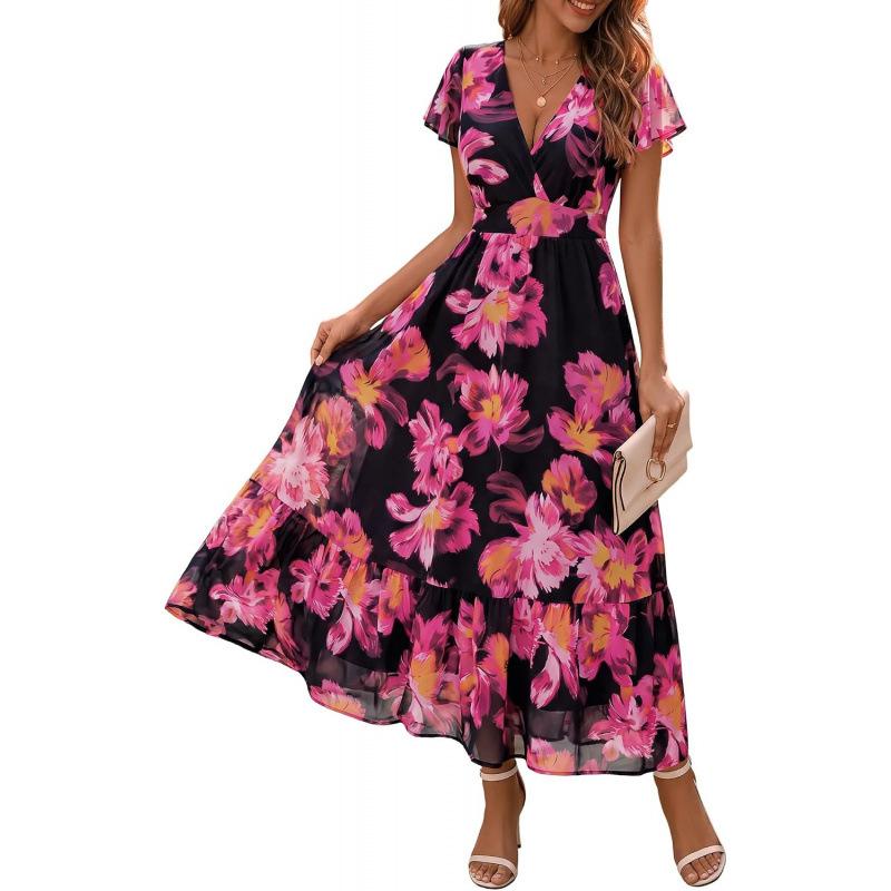 Sweet wind 2026 summer new high-end temperament versatile flower long dress short-sleeved dress S чёрный