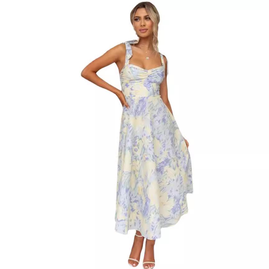 New Slim Fit and Slim Waisted V-neck Strap Printed Mid Length Dress for Women
