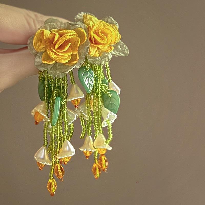 

Серьги-сетки с цветком и зеленым листом с бахромой, стиль Мори для отпуска, серьги-пусеты для интернет-знаменитостей, серьги, маленькие свежие и милые