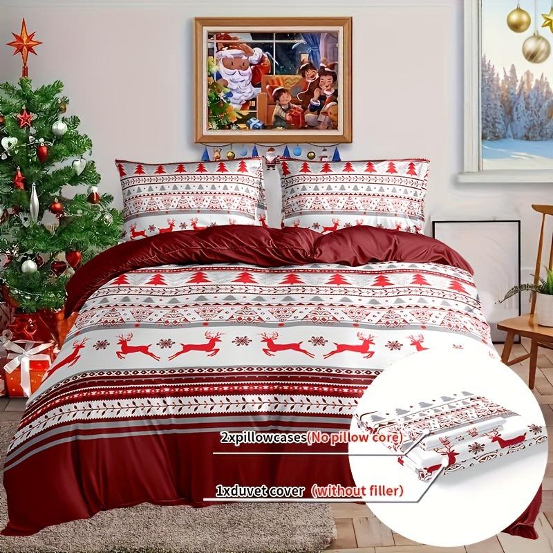 Festive Christmas Deer Print Duvet Cover Set with 2 Pillowcases - for EU Single, EU Double, US Single, US Double, US Queen