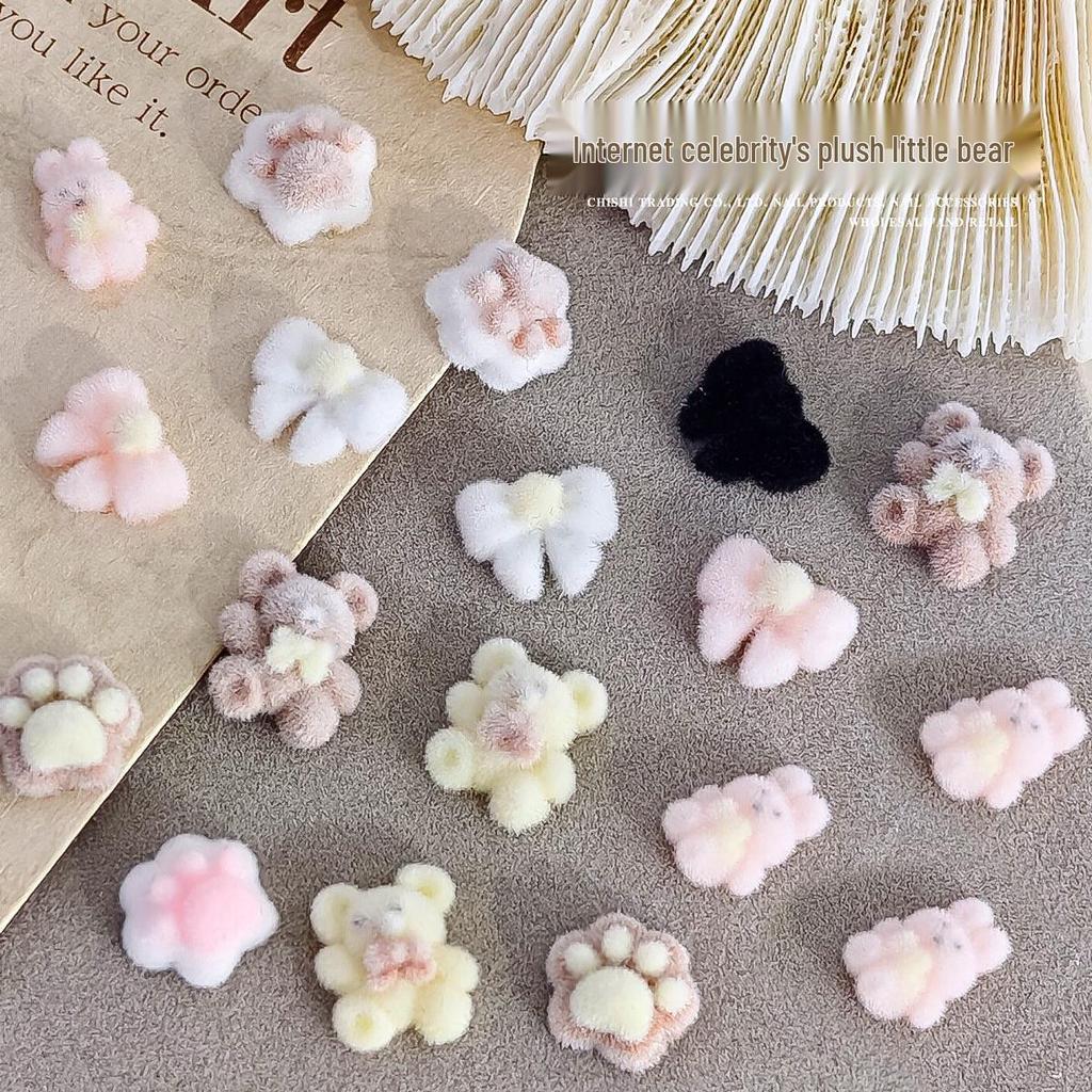 Little Panda Paw Bow Diy Flocking Resin Nail Art Decorations – Autumn/Winter Sweet Girl Style