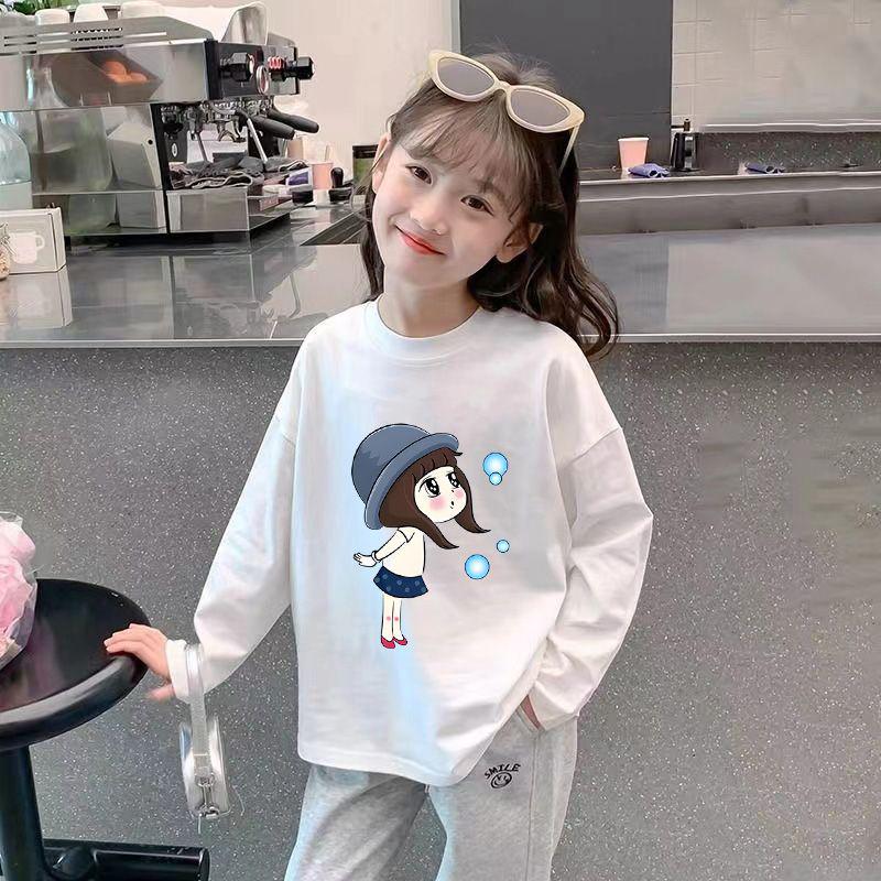 Girl's 100% Cotton Long Sleeve Breathable T-shirt - Stylish 2024 Spring/Autumn Base Layer