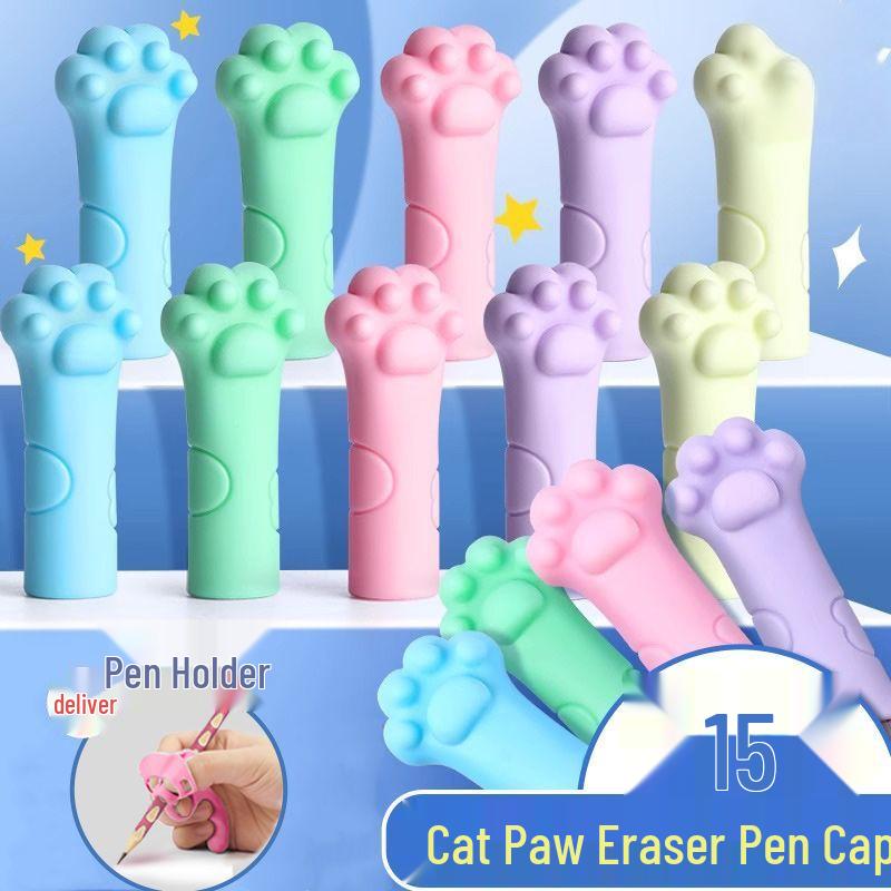 

Cat Paw Eraser Pencil Cap: Cartoon Anti-fall, Anti-break Design, Primary Student Grip for Writing Practice.